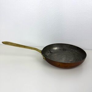 Vintage Copper Tin Lined Frying Pan with Brass Handle